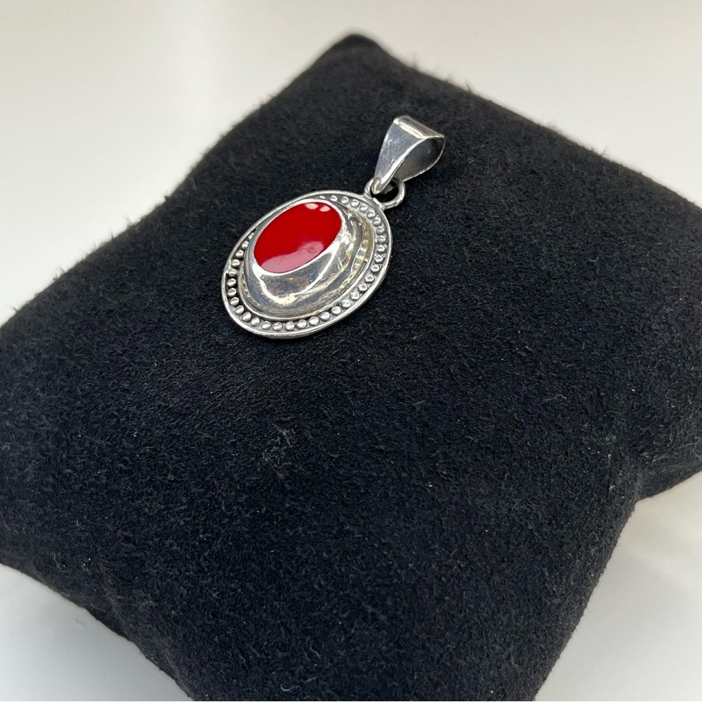 Vintage Mexico Sterling Silver‎ 925 Pendant Red Coral Stone - Picture 2 of 7